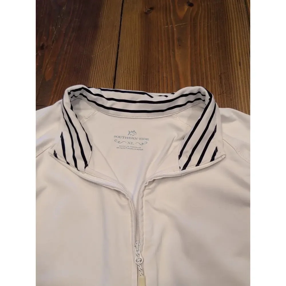 Southern Tide Women's Full Zip Jacket Size XL White With Navy Blue Stripes Cuffs
